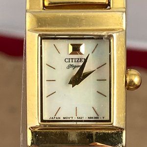 Vintage Citizen Elegance Quartz Modern Cubic Style Gold Watch MOP Dial